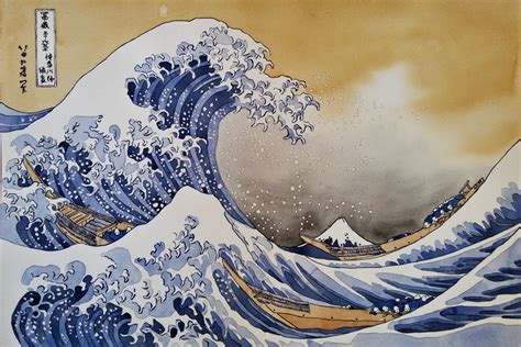 The Great Wave off Kanagawa Reproduction Original Watercolor | Etsy gambar png