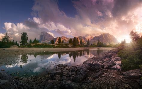 Lake Sunset Mountain Clouds Italy Reflection Nature