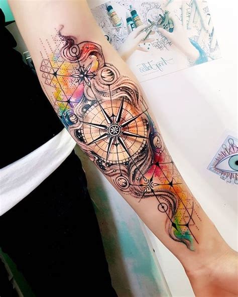 Watercolor Flower Tattoo Colorful Compass Forearm Tattoo Unique Forearm Tattoos Unique
