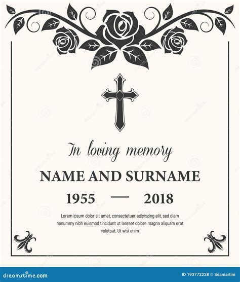 Funeral Card Vector Template With Flower Ornament Stock Vector