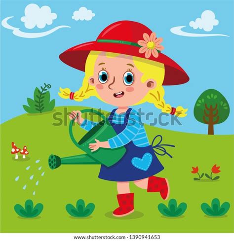 Cute Gardener Girl Watering Plant Garden Stock Vector Royalty Free 1390941653 Shutterstock