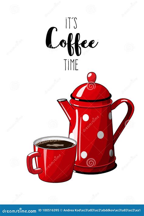 Red Vintage Coffee Pot With Cup On White Background With Text It S