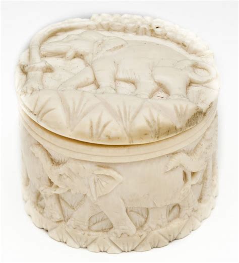 Carved Ivory Trinket Box With Elephants Lot 158