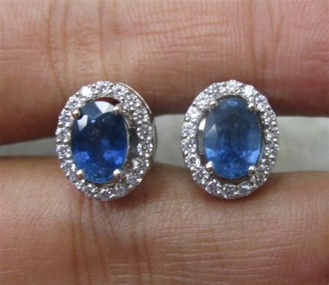 Blue Sapphire Diamond Earrings In K White Gold Etsy