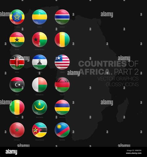 African Countries Flags Glossy Round Icons Set On Black Background Part