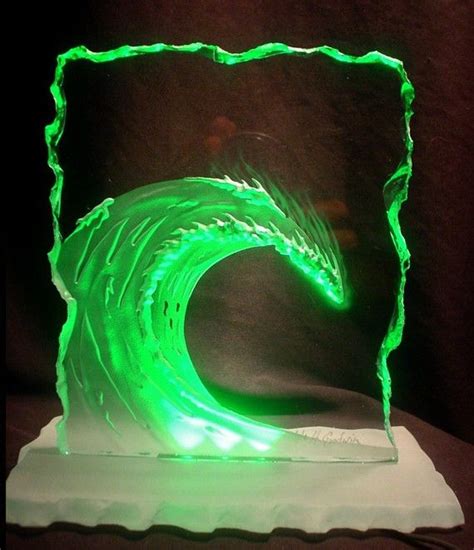 Almost 8 Tall Detailed Hand Drawn And Sandcarved Wave Glass Led Lights Make The Wave Pop To