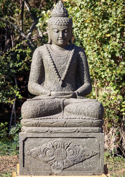 Lava Stone Buddha Sculpture In Floral Robes And Dhyana Mudra Of