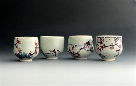 Hand Painted Cherry Blossom Yunomi Muddy Paws Pottery Painted