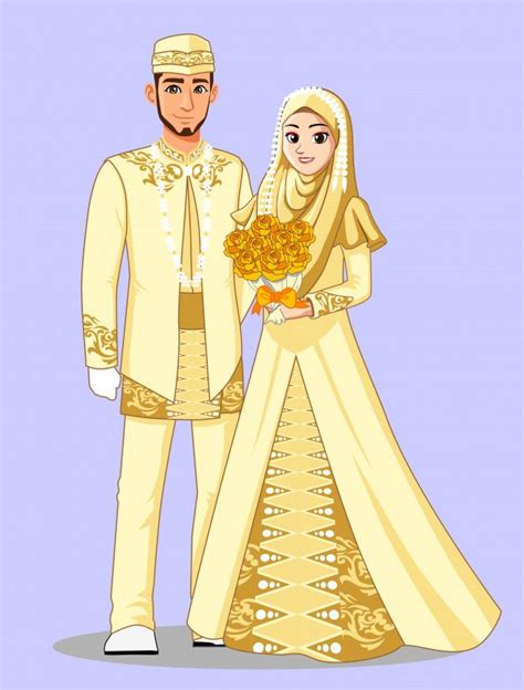 Premium Vector Muslim Betawi Brides In Gold Clothes Muslim Wedding