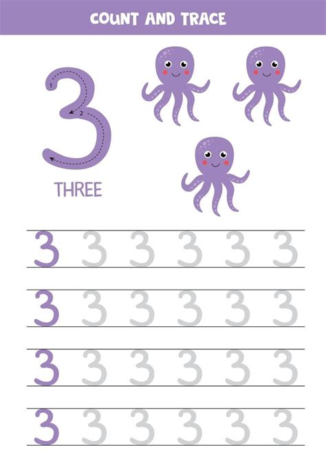 The Number Three And Three Digit Numbers With An Octopus In Purple On