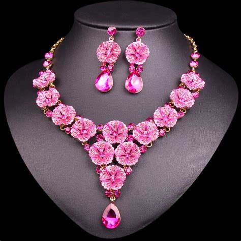 Fashion Pink Flowers Crystal Bridal Jewelry Sets Wedding Party Costume