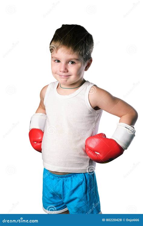 Little Boy With Red Boxing Gloves On White Background Isolated Stock