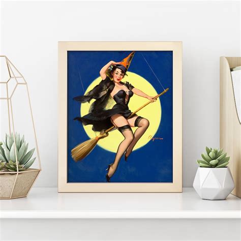 Vintage Pin Up Witch Print Classic Witch On Broom Wall Decor Etsy