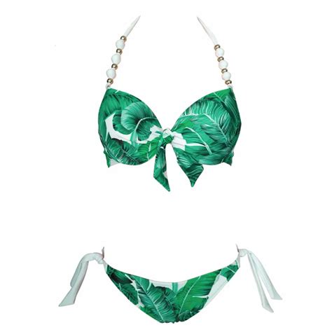 Green Leaf Print Bikini Set Swimsuit Halter Plavky Monokini Biquini
