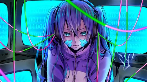 Anime 2560x1440 Ene Vocaloid Vocaloid Binary Headphones Purple Hair