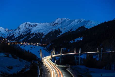 Mountains Road Long Exposure Night Snow Hd Wallpaper Peakpx