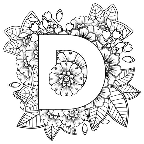 bokstaven d gjord av blommor i mehndi stil målarbok sida kontur