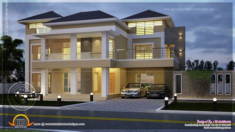 Modern house plans feature lots of glass, steel and concrete. Modern villa night view elevation - Kerala home design and floor plans