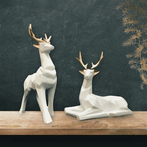 Modern White Deer Figurines Set Of 2 Reindeer Statue Handnart