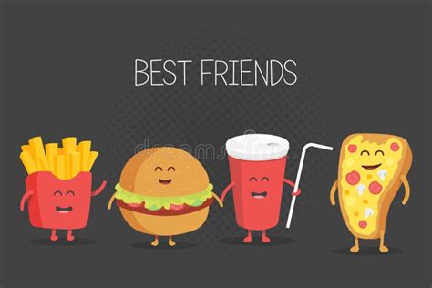Cute Fast Food Burger Soda French Fries And Pizza Stock Illustration