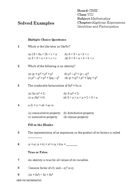Algebraic Expression And Identities Pdf