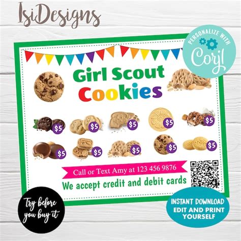 Editable Girl Scout Yard Sign Instant Download Printable Menu Cookie Booth Fundraiser Sign By