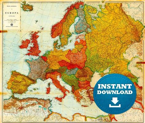 Digital Vintage Europe Map Printable Vintage European Map Old Map Of