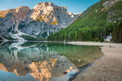 Lago Di Braies In Dolomites At Sunrise Italy Europe Stock Photo