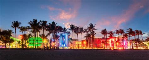 Miami Beach Ocean Drive Panorama With Hotels And Restaurants At Sunset City Skyline With Palm