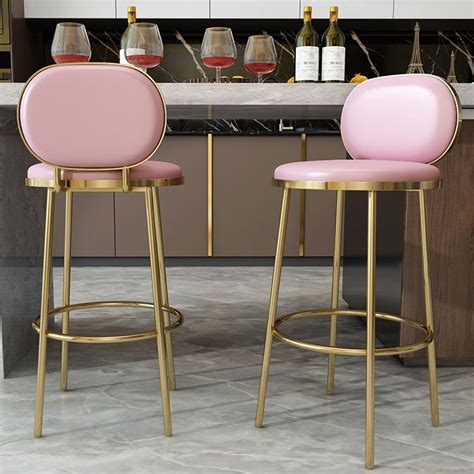 Luxury Modern Stylish Bar Stool With Back Pink Beige Faux Leather