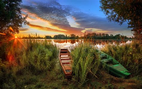 Wallpapers Lake Sky Reed Boat Sun End Of Summer Nature