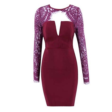 wholesale new dress wine red lace long sleeve elastic tight pack hip sexy night club celebrity