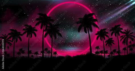 Night Landscape With Palm Trees Against The Backdrop Of A Neon Sunset