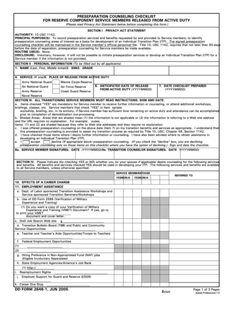 Fillable Dd Form 2648 1 Preseparation Counseling Checklist For