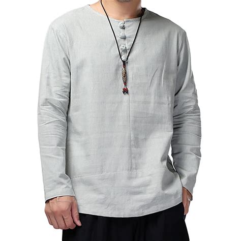 Chinese Style Cotton Linen Shirts Men Dress Loose Fit Long Sleeve Solid