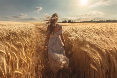 Premium Ai Image Woman Walking Through A Wheat Field With The Sun Shining On Her Dress