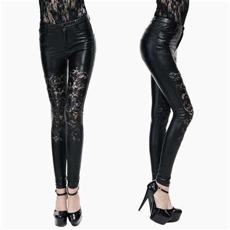 Devil Fashion Gothic Floral Pu Leather Trousers For Women Steampunk