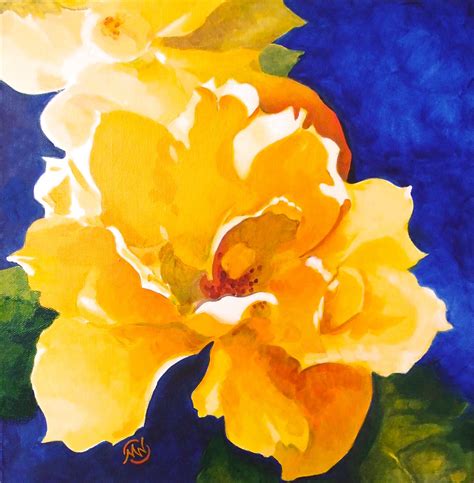 A Painting Of A Yellow Rose On A Blue Background