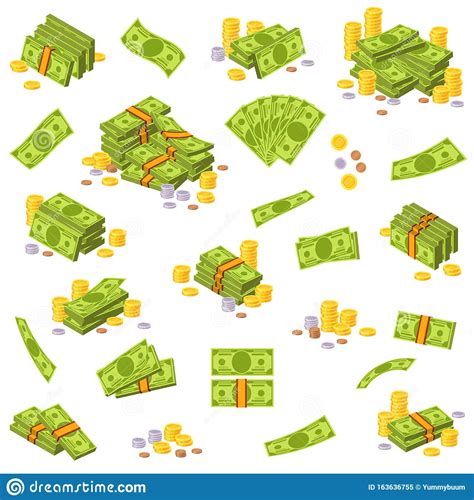 Coins And Banknote Various Money Bills Paper Us Dollar Bank Notes And Gold Coins Stock Vector