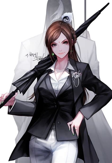 Her hair basically looks like fire, she can pull out a demon sword out of her chest, she has spiritual ties to snakes, and is kind of a lazy drunk. Suit 6 | 캐릭터 아트, 여성, 의상