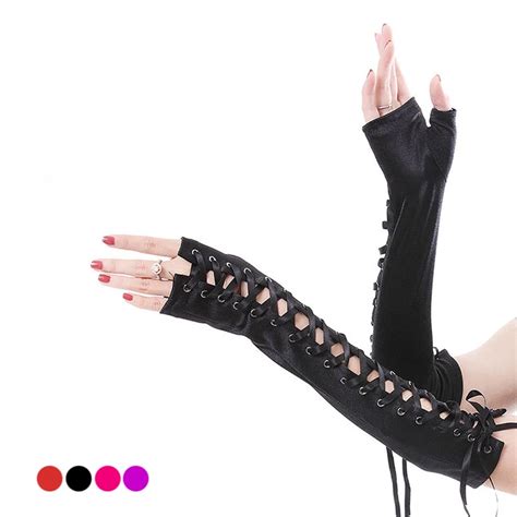 Buy Sexy Punk Women Fingerless Arm Long Gloves Gothic Satin Ribbon Cross Tie