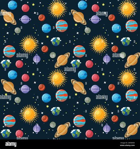 Planets Seamless Pattern Solar System Planets Sun And Stars On Dark
