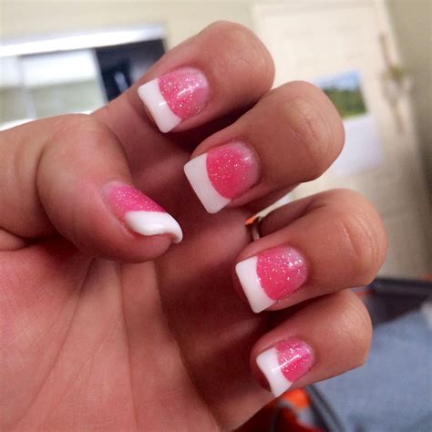 White Tip And Pink Sparkle Powder French Acrylics French Nails Pink