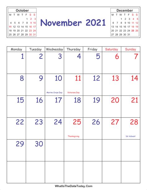 Printable 2021 Calendar November Vertical Layout Whatisthedatetodaycom
