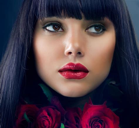 Red Lovely Beautiful Woman Makeup Hair People Red Roses Pretty