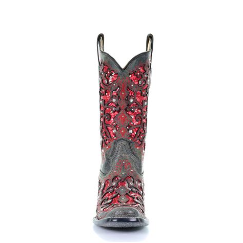 Corral Womens Boots Red Inlay Glitter Crystal Black Billys Western Wear