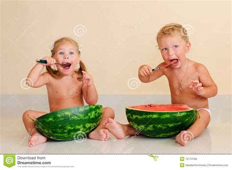 Funny Kids Eating Watermelon Stock Photo Image Of