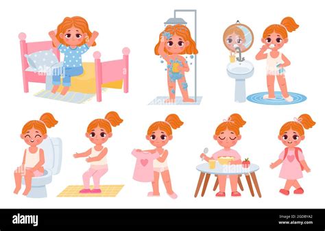 Cartoon Little Kid Girl Home Daily Routine Cute Child Dress Shower