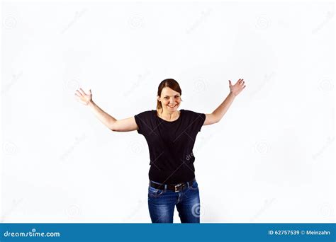 Happy Young Woman Gesturing With Hands Stock Image Image Of Career