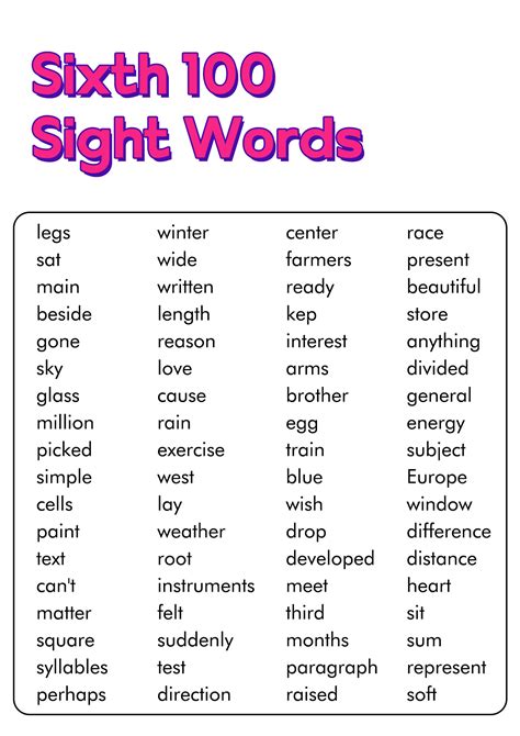 Sight Words For 6th Grade Printable List Printable Si